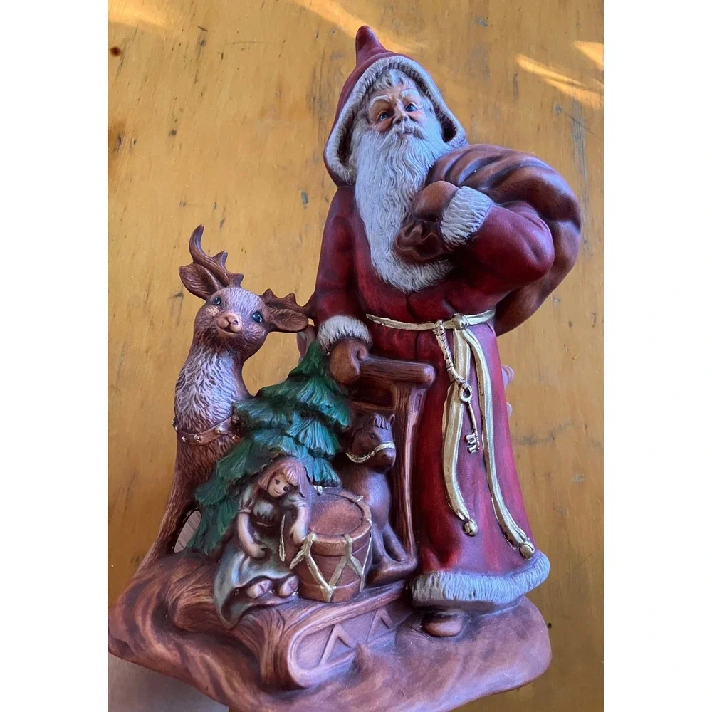 Vintage 1989 Ceramic Santa Figurine Reindeer Sled Red Large 9 Inch Holiday Decor